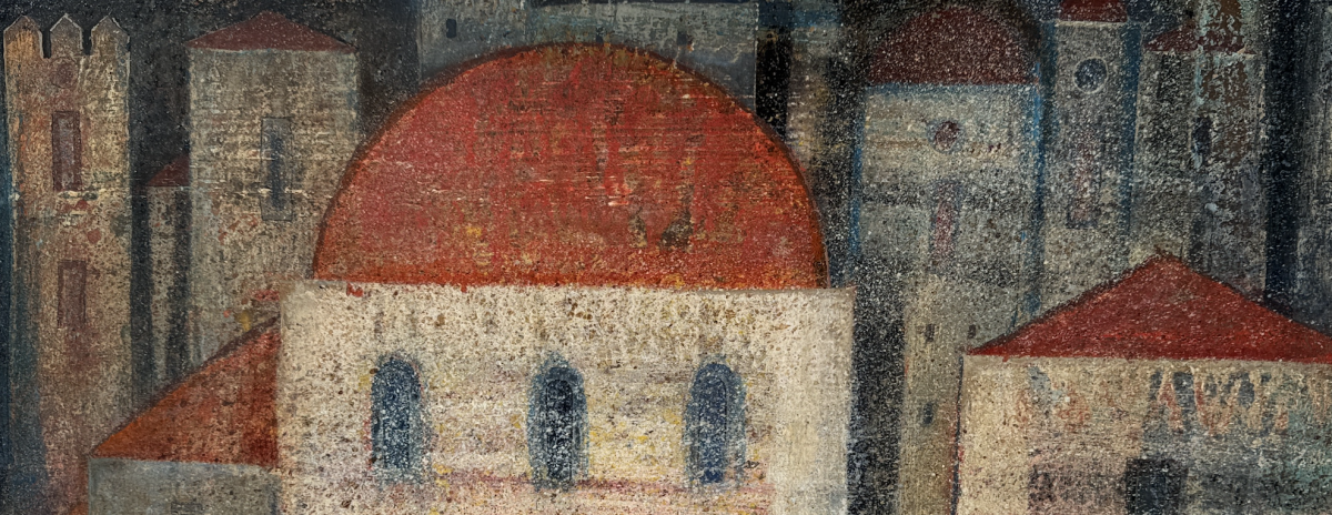 Gloggner Kunstauktionen | Max von Moos (1903−1979) «Städtebild» − 1966  Tempera, Öl und Ölkreide a/Papier, a/Malkarton, 46 × 63 cm (Ausschnitt) | Kunstauktion 17. Oktober 2026