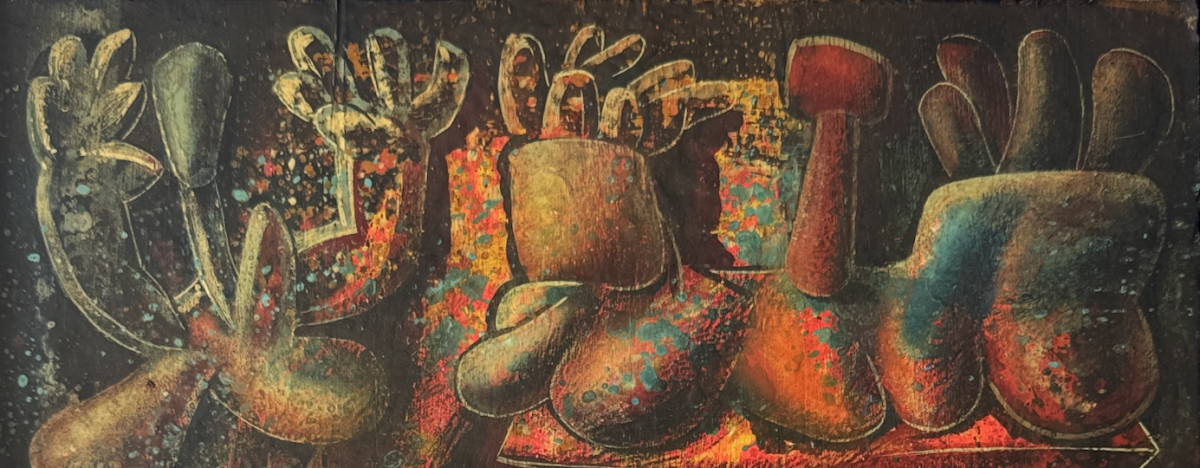 Gloggner Kunstauktionen | Max von Moos (1903−1979) «Duo im Hades» – 1968  Tempera und Öl a/Sperrholz, 33,3 × 30,8 cm (Ausschnitt) | Kunstauktion 17. Oktober 2026