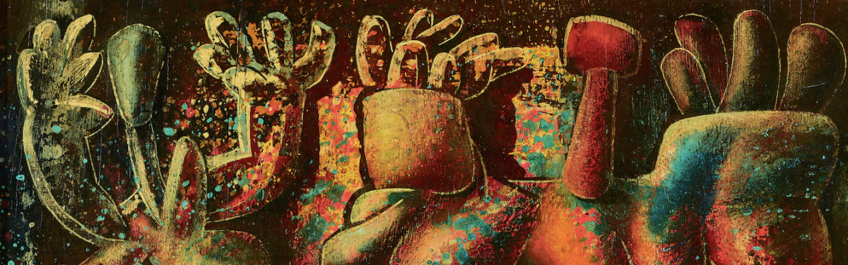 Gloggner Kunstauktionen | Max von Moos (1903−1979) «Duo im Hades» – 1968  Tempera und Öl a/Sperrholz, 33,3 × 30,8 cm (Ausschnitt) | Kunstauktion 17. Oktober 2026