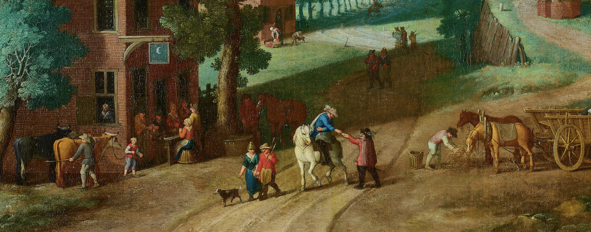 Gloggner Kunstauktionen | Niederländisch 18. Jahrhundert (Nachfolge Brueghel) (18. Jahrhundert) «Ländliche Szene mit Wirtshaus»  Öl a/doubl. Lwd., 45,5 × 52,5 cm (Ausschnitt) | Kunstauktion 17. Oktober 2026