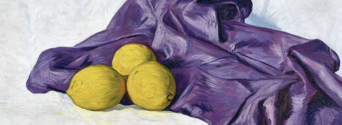 Gloggner Kunstauktionen | Hans Emmenegger (1866–1940) «Stillleben (Drei Zitronen und violetter Stoff auf weissem Grund)»  Öl a/Lwd., 46,1 × 65 cm (Ausschnitt) | Kunstauktion 17. Oktober 2026