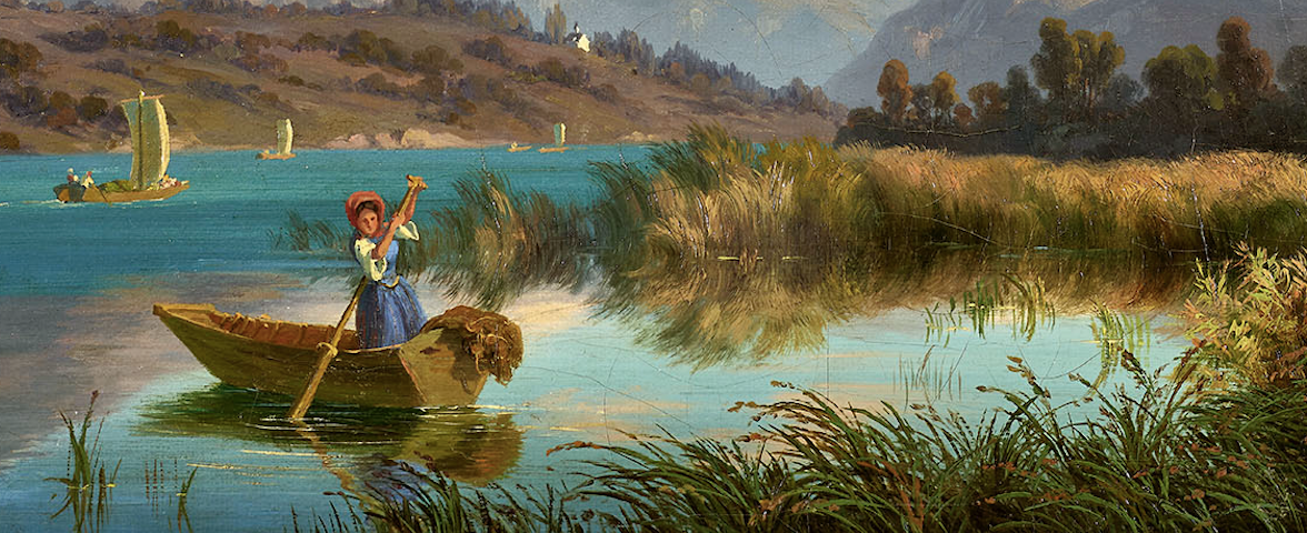 Gloggner Kunstauktionen | Robert Zünd (1827–1909) «Uferzone bei Tribschen» – 1859  Öl a/Lwd., 27 × 35,3 cm  (Ausschnitt) | Kunstauktion 17. Oktober 2026